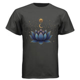 Blue Lotus Cosmic-Tee — Black graphic tee, front view