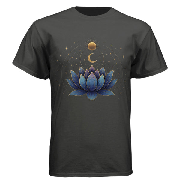 Blue Lotus Cosmic-Tee — Black graphic tee, front view
