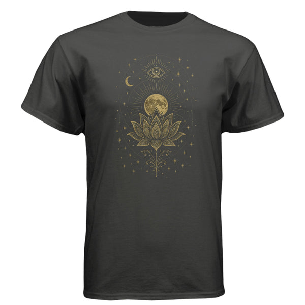 Lotus Cosmic-Tee — Black graphic tee, front view