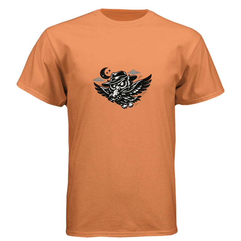 Wooty Fly Cosmic-Tee — Orange graphic tee, front view