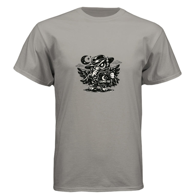 Wootys New Cosmic-Tee — Stone Grey graphic tee, front view